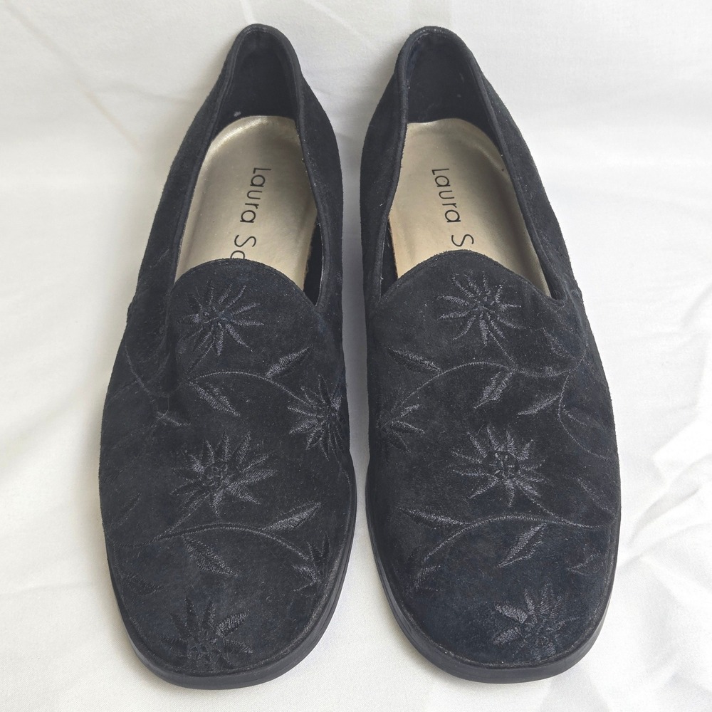 Laura Scott Slip On Suede Loafers Floral Embroidery Black Whimsigoth Academia 8M